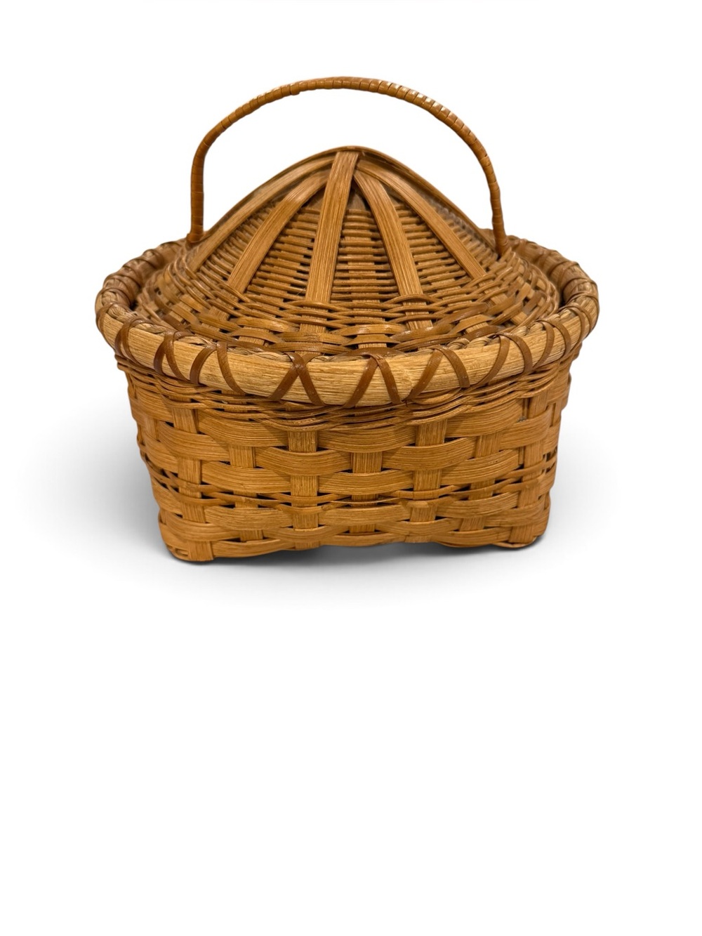 RARE Vintage 1970s Woven Bamboo Sewing Basket Floral Lining Built-in Pincushion
